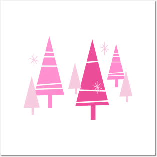 Retro Christmas Trees Pink - Mid Century Modern White Posters and Art